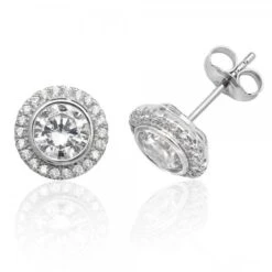 Bezel Set Halo Style CZ Stud Earrings
