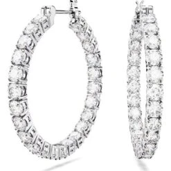 Matrix Hoop Earrings, Round Cut, White, Rhodium