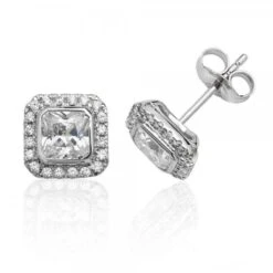 Silver Bezel Set Halo Style CZ Stud Earrings