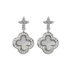 SILVER MOTHER OF PEARL & CZ CLOVER DROP EARRINGS
